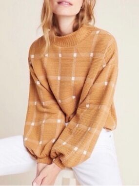Anthropologie Porridge Camel brown Plaid Mock Neck pullover XL
